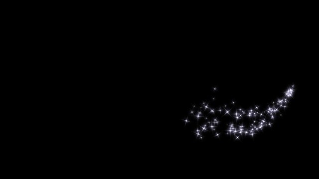 Luxury white glitter sparkle animation, fairy dust, glowing star particles burst, twinkling shimmer line effect, doodle stars motion, overlay transition, black screen background, 4k video
