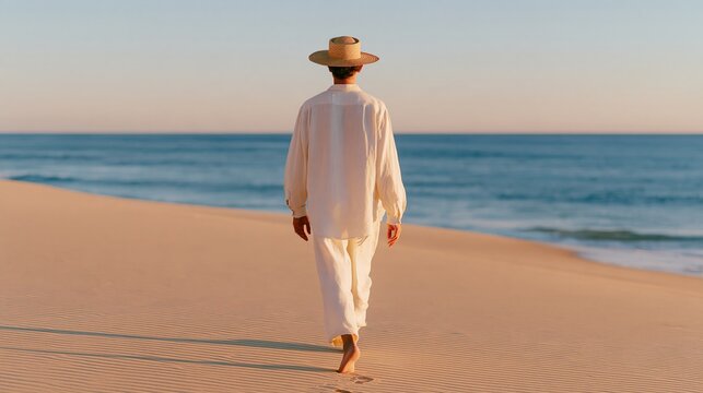 Person walking barefoot on sandy beach wearing white loose-fitting clothing and a wide-brimmed hat, with ocean waves gently lapping at the shore in the background