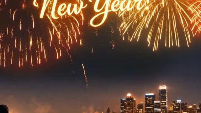 Happy New Year fireworks over a city skyline at night