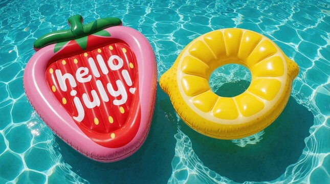 Pink strawberry shaped inflatable mattress, yellow lemon pool float float in turquoise swimming pool water. Hello July text on red berry bed. Summer vacation concept with colorful fruit swim rings