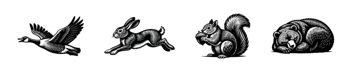Black and white animal silhouettes featuring bear squirrel rabbit and goose in vector style © UnIcons