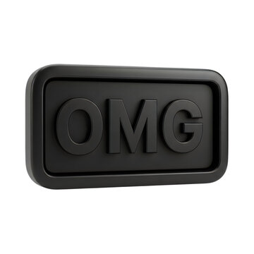 Black rectangular OMC button or badge with white text
