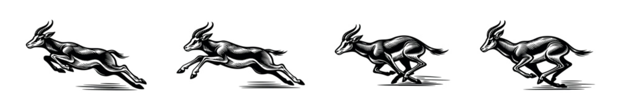 Dynamic running antelope silhouette vector illustration black and white wildlife art