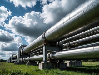 Fototapeta premium Large metal pipes run across green field under dramatic cloudy sky. Industrial energy system moves resources using massive steel conduits elevated on support structure.