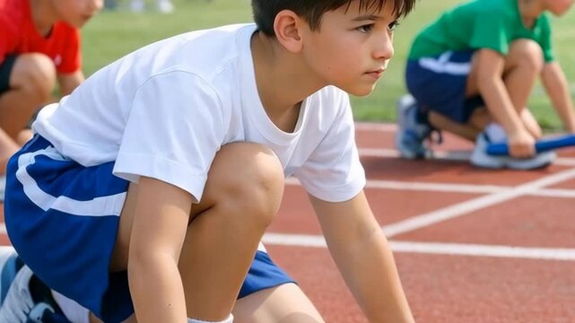 Focused Boy at the Starting Line of a Running Track