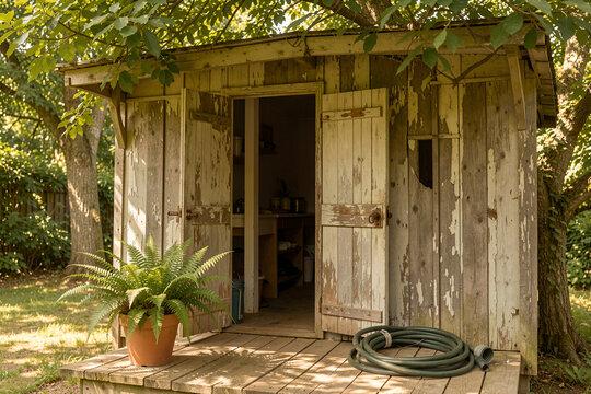 Sunlit garden shed with leafy canopy and potted fern on porch