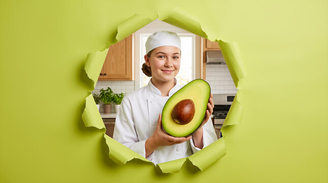 Young chef holding a large halved avocado through a torn paper hole in green background, looking at camera. Cooking, nutrition, healthy eating, food industry.