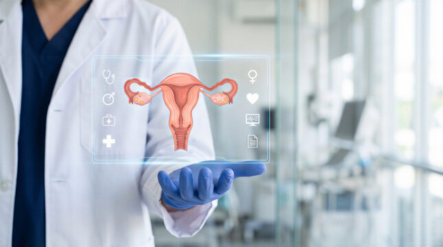 A female doctor presenting digital uterus illustration for female reproductive health and gynecological care concept with copy space.