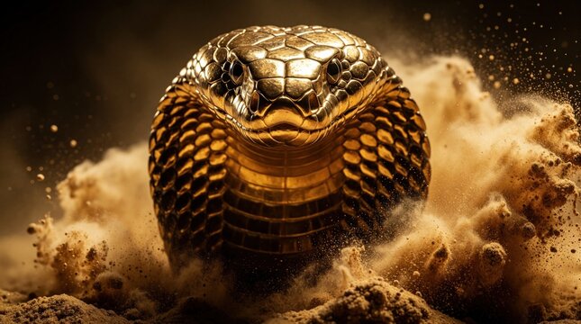 Golden cobra head rises from swirling sand dust. Close up view of shiny metallic snake with detailed scales. Powerful venomous reptile emerges from desert ground. Majestic gold animal looks forward