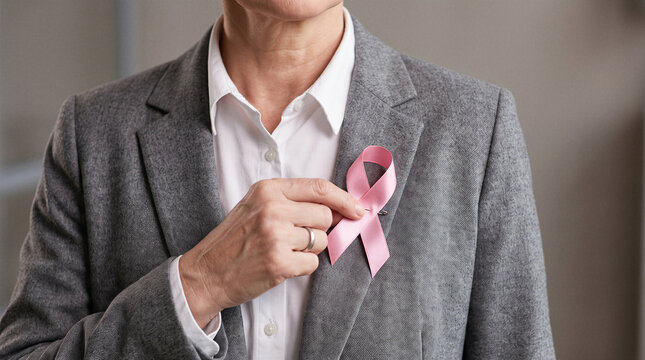 Businesswoman wearing pink ribbon on blazer to show breast cancer awareness and support in corporate environment.
