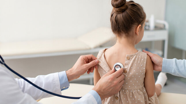 Pediatrician listening to young girl's lungs with stethoscope during routine medical examination in clinic with father comforting her.