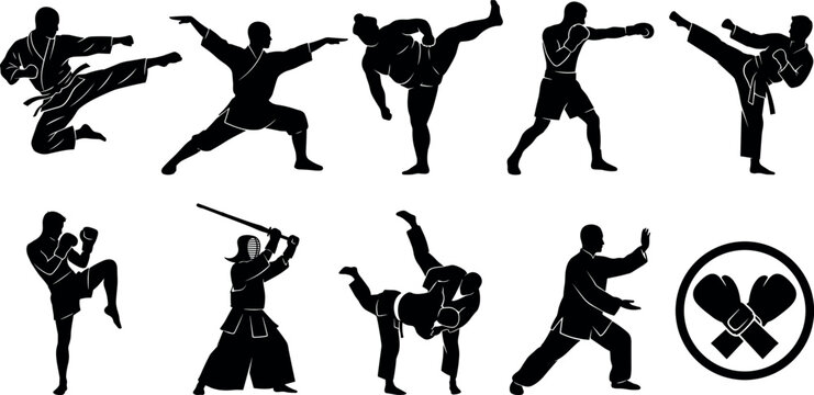 Aikido Silhouettes Demonstrating Various Martial Arts Stances and Techniques