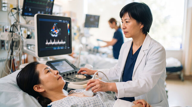 Asian woman doctor performing echocardiogram on female patient in hospital. Cardiologist using ultrasound machine with heart scan on monitor