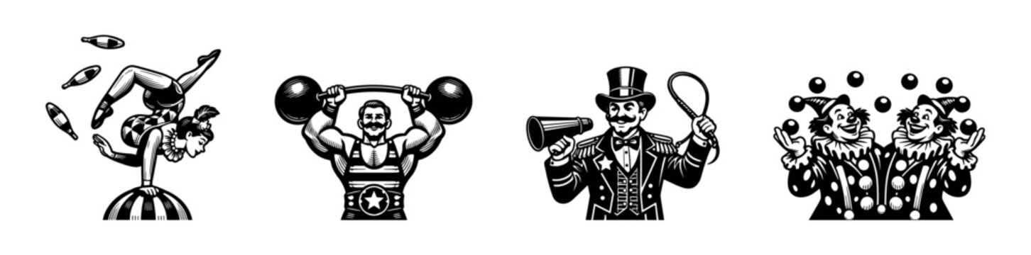 Vintage circus performers vector illustration featuring clowns and strongman in black and white silhouette
