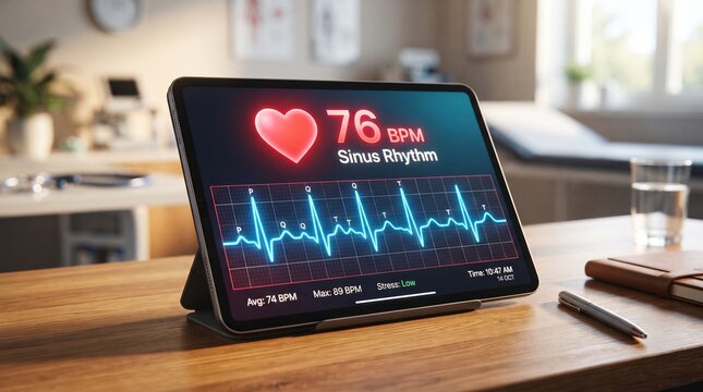 Tablet displaying heart rate and ECG graph on a wooden desk. Medical data shows 76 BPM and low stress. Health monitoring and telemedicine concept for modern healthcare