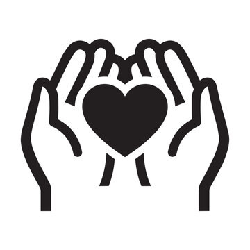 Black and White Vector Icon of Cupped Hands Holding a Heart for Charity and Love Concept