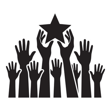 Black silhouette vector illustration of hands reaching up to catch a star