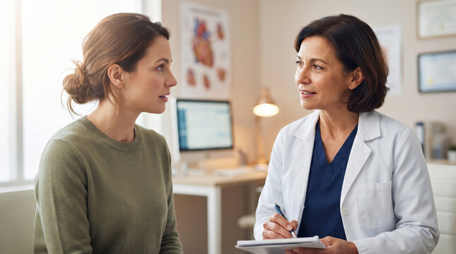 Woman doctor consulting female patient in cardiology office. Cardiologist taking notes while talking with woman in clinic. Medical appointment and heart health checkup concept