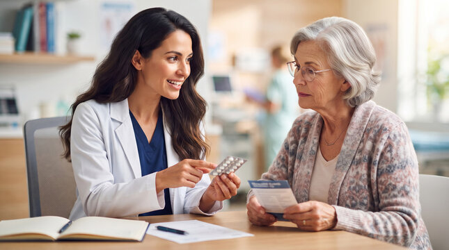 Woman doctor explaining medication to senior female patient in clinic. Elderly woman holding pills and prescription leaflet during consultation