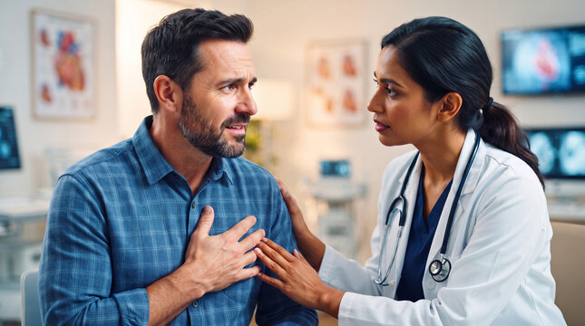 Male patient holding chest speaks with a compassionate female doctor. The doctor provides comfort and understanding to her distressed patient