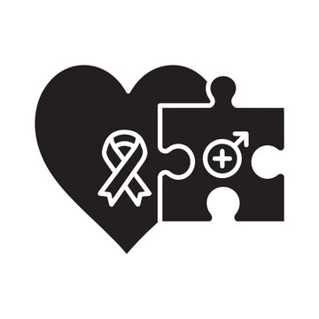 Black and White Vector Icon of Men Health Awareness with Heart Ribbon and Puzzle Piece