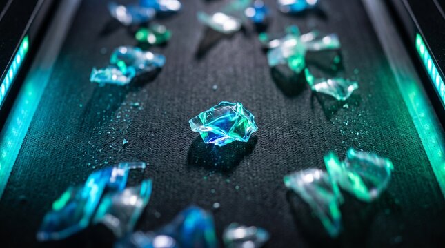 Glowing broken glass shards on dark asphalt, cinematic turquoise neon light reflections on shattered crystal pieces, abstract sharp debris