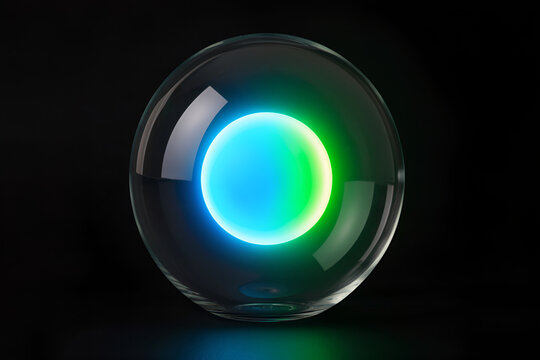 Luminous neon energy orb in a clear glass sphere on a matte black surface