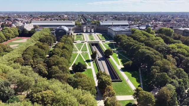 Parc Du Cinquantenaire In Brussels Capital Of Belgium. Nature Park Landscape. Downtown District. Beautiful Cityscape. Parc Du Cinquantenaire In Brussels In Capital Of Belgium. Triumphal Arch Monument.