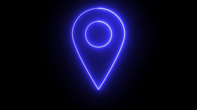 Abstract blue neon line sing location icon ,fast tracking map pin icon animation on black background. 4k animation.