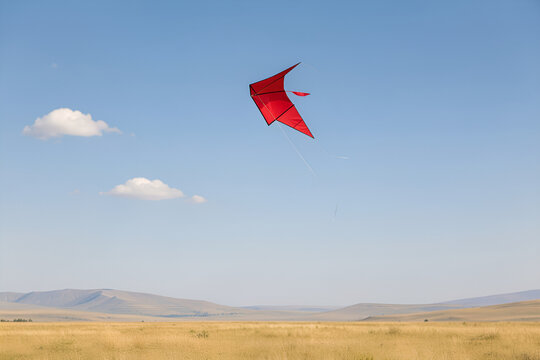 Solitary red kite sails above a golden grass plain under blue sky