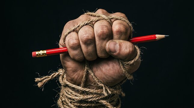 Fist holding a pencil bound with twine representing suppression of creativity and freedom of speech