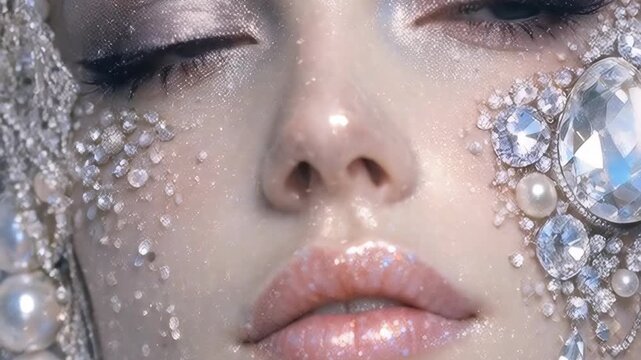 Close-up Portrait of Face Decorated with Glitter and Rhinestones