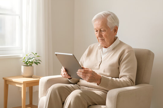 Sunlit living room corner with an elderly reader reading a tablet