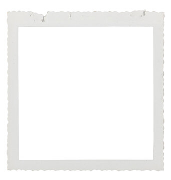 Old square photo paper frame with scalloped and torn edge isolated on transparent background. Scanned material for retro photo frames and templates