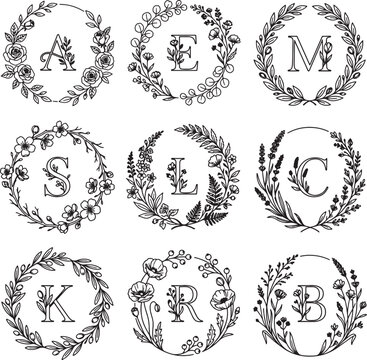 Alphabet floral monogram set including letters a e m s l c k r b inside botanical wreaths with roses and lavender for personalized gifts.