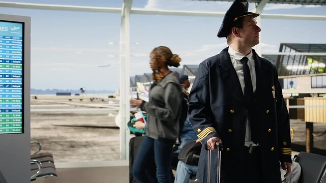 Proud airline captain in pilot uniform stands in an airport terminal with a suitcase ready for departure, representing an aviation career and airline service.