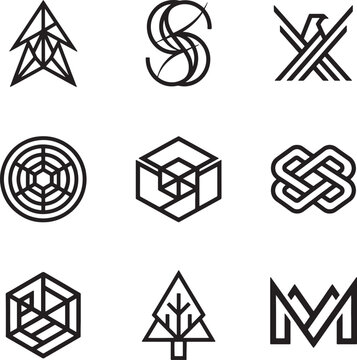 Collection of nine modern line art geometric logo templates including abstract arrows shapes hexagon cubes and knots on grid backdrop.