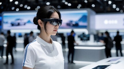 Fototapeta premium Young asian woman wears futuristic glasses at tech expo. Modern person experiences virtual reality at trade show, surrounded by innovation and blurred crowd background, future tech.