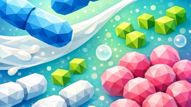 3D abstract visualization of colorful geometric molecules and particles in bubbling liquid