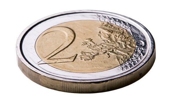 Isolated shiny two euro coin in a detailed close-up, symbolizing European finance and wealth