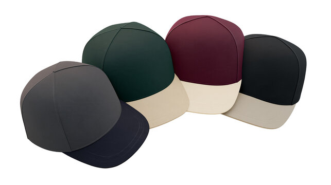 Isolated colorful baseball caps with contrasting visors, a set of trendy sportswear.