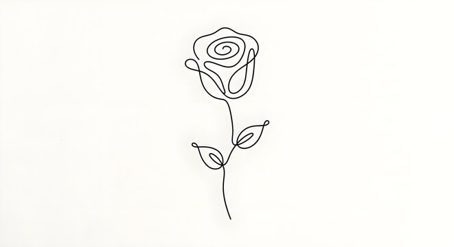 Minimalist continuous line art drawing of a single rose flower with stem and leaves on a light background