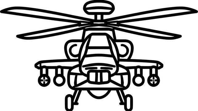 Isolated vector outline icon of a military attack helicopter with designation number