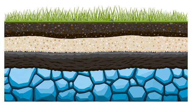 Isolated cross-section of earth layers, green grass, soil, sand, and blue aquifer bedrock