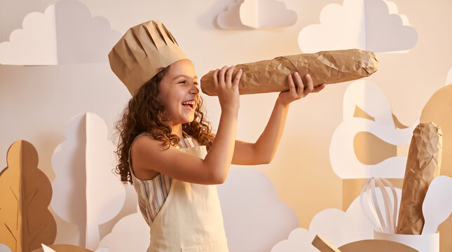 Happy young girl wearing chef hat and apron holding paper wrapped baguette like a telescope, playful kitchen scene. Childhood, baking, pretend play, creativity.