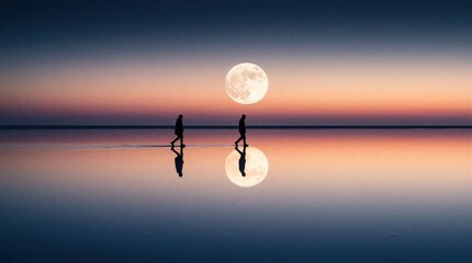 Obraz premium Two figures walk across a glassy plain under a full moon during a pastel sunset. Their silhouettes reflect perfectly in the still water creating a surreal, tranquil scene.