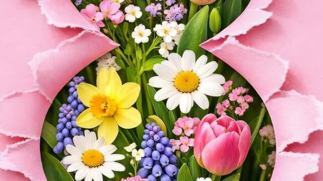 Spring flowers and daisies in a torn pink paper frame