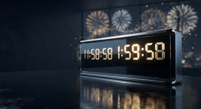 New Year countdown digital clock showing final minutes with sparkling fireworks in the background during midnight celebration.