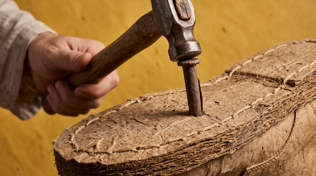 Artisan using hammer and punch to work on leather material, close up of hands crafting textured surface, traditional craftsmanship. Leatherworking, handmade goods, upholstery, workshop