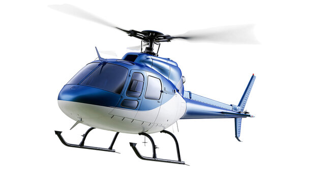 Isolated modern blue and white helicopter in flight with spinning rotor blades, dynamic motion